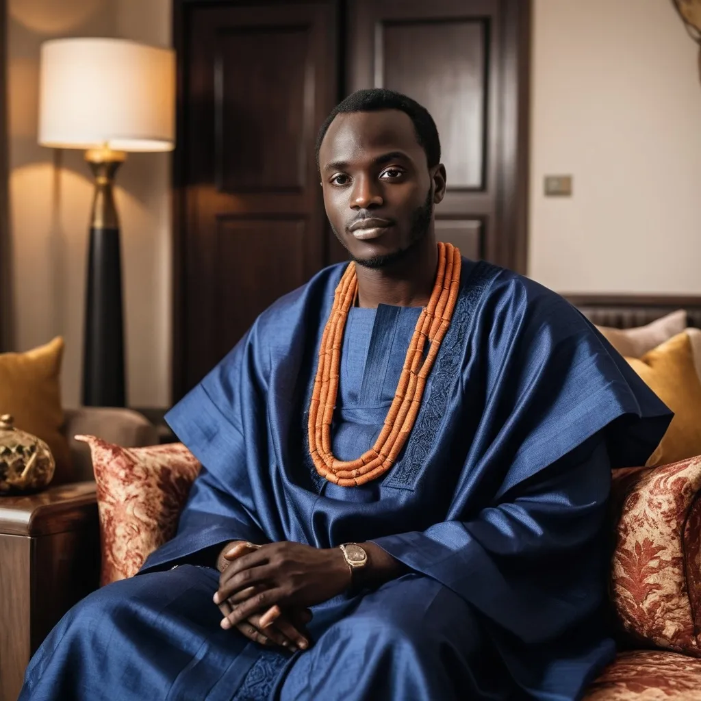 Prompt: Create a short dark skinned African man wearing a traditional Agbada attire and sitting in a Luxurious living room 