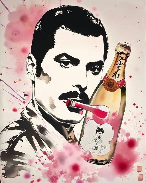 Prompt: Freddie Mercury,japán,posing,cocaine, party,champagne,cirarettes,cats,rock