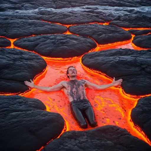 Prompt: Man submerged in lava sea