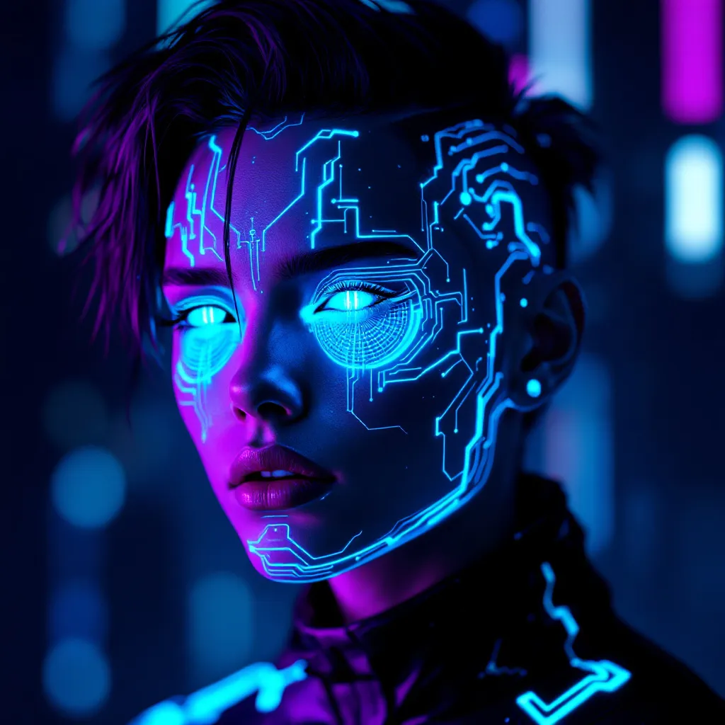 Prompt: Cyberpunk metaverse avatar, neon glowing circuit lines on face, holographic tech wear, futuristic asymmetric haircut, cinematic lighting, ultra-detailed 8K, hyper-realistic, Unreal Engine 5 render, dark purple and electric blue colour scheme --v 6 --style raw
