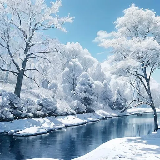 Prompt: On a very beautiful snow day there are some beautiful trees that are white in color and look like snow trees and there is a blue river beside and very beautiful white clouds are going in the blue sky. Realistic style, fantasy style