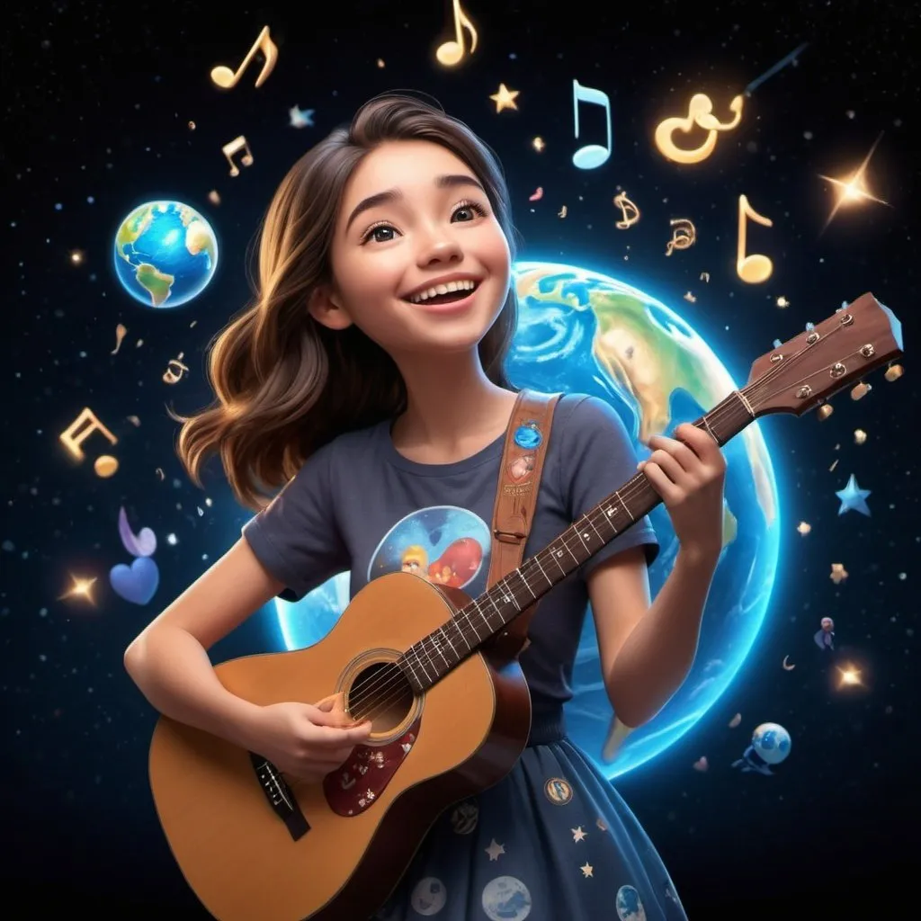 Prompt: A Beautiful young Girl glowing face 25 years old, 3D Disney style, 3D art, 3D model, singing a song and playing the Guitar and smiling standing on earth universe, in front of the microphone Character Follow spot light, global earth dark background, musical symbols are flying, Disney art style. hyperdetailed, colorful background