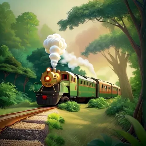 Prompt: A realistic beautiful train is moving and white clear smoke is coming out from the top of the train through a beautiful natural forest. Some beautiful natural green plants around the train, real style, fantasy style