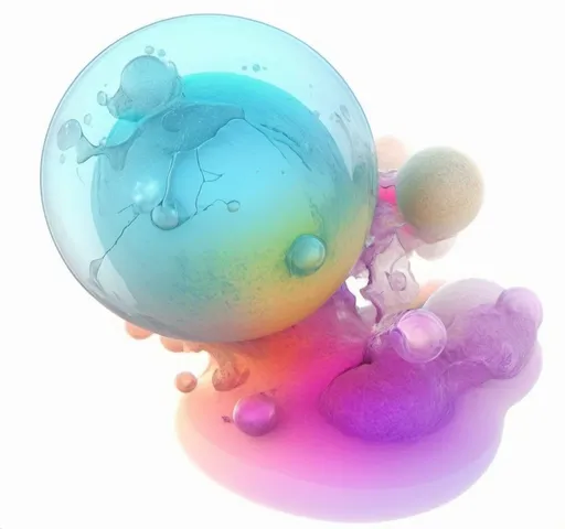 Prompt: an organic colorful mass multiform of blended liquid gradient shapes in collision with a large solid sphere that is cracking at the collision spot