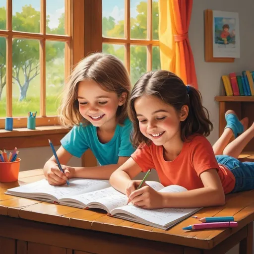 Prompt: illustration, vivid color, low detail, happy kids, writing on paper, reading a book