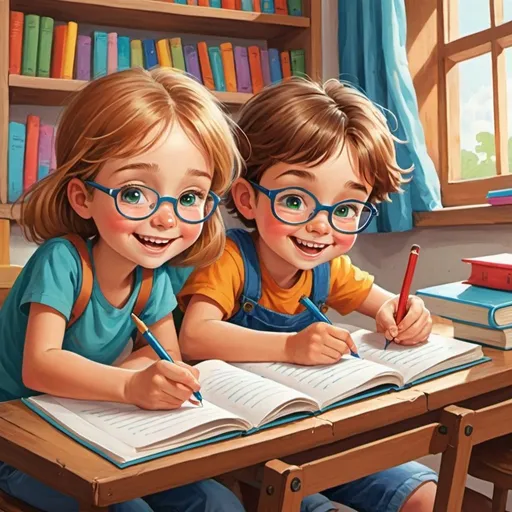 Prompt: illustration, vivid color, low detail, happy kids, boys and girls, writing on paper, reading a book