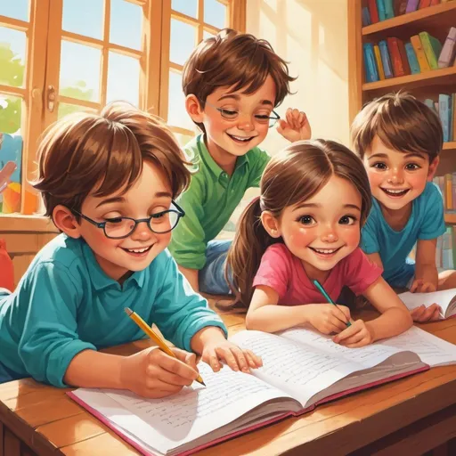 Prompt: illustration, vivid color, low detail, happy kids, boys and girls, writing on paper, reading a book