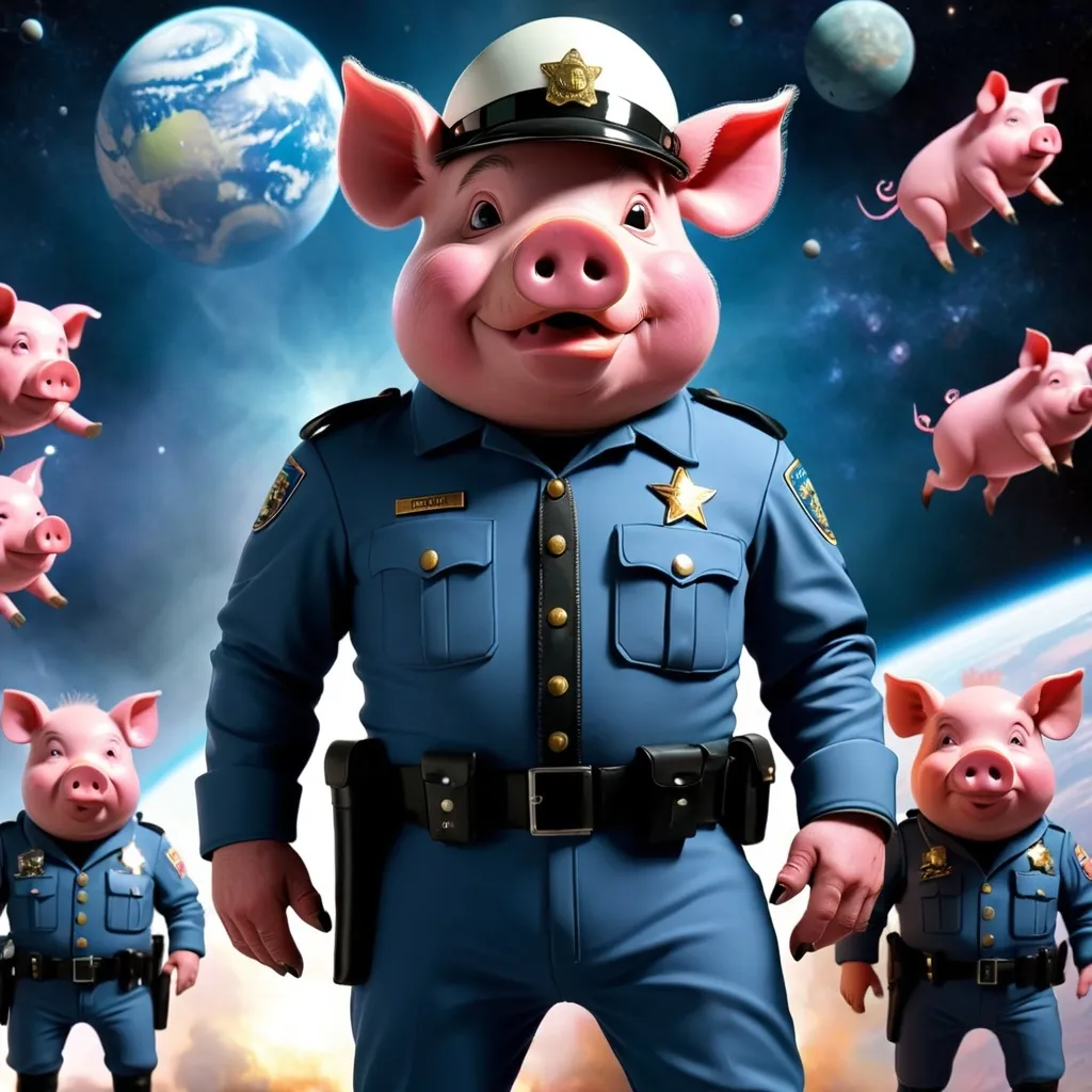 Prompt: Oink pig cop army in space