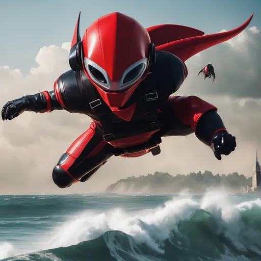 Prompt: Flying Finny coming to save the day worth alien red and black attire