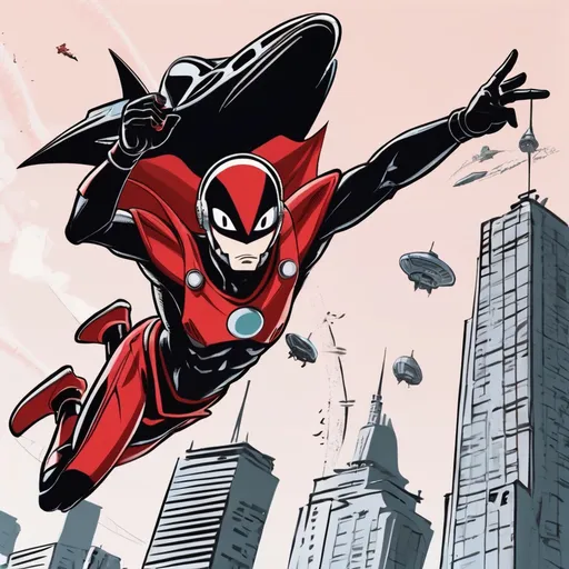 Prompt: Flying Finny coming to save the day worth alien red and black attire