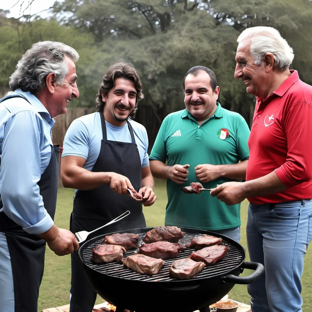 Prompt:  uruguay,chileno,mexicano y un argentino mirando como se hace un asado