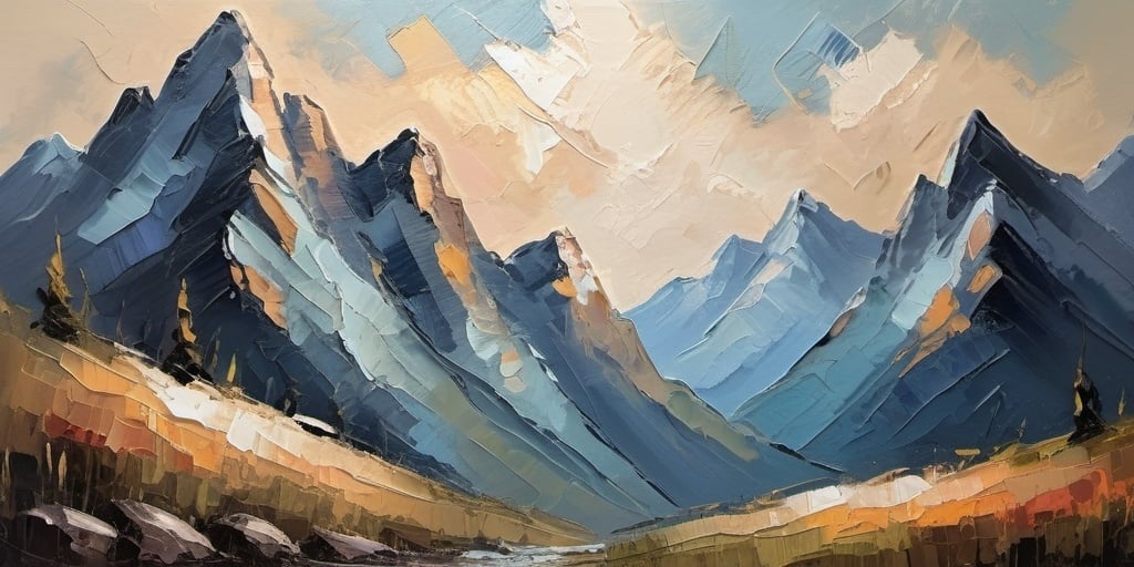 Prompt: Mountain peaks scenery, palette knife impressionism, neutral colors, blueish, artistic scenery, high quality, detailed, impressionism, mountain range, neutral tones, serene atmosphere, subtle brushstrokes, peaceful, cool lighting