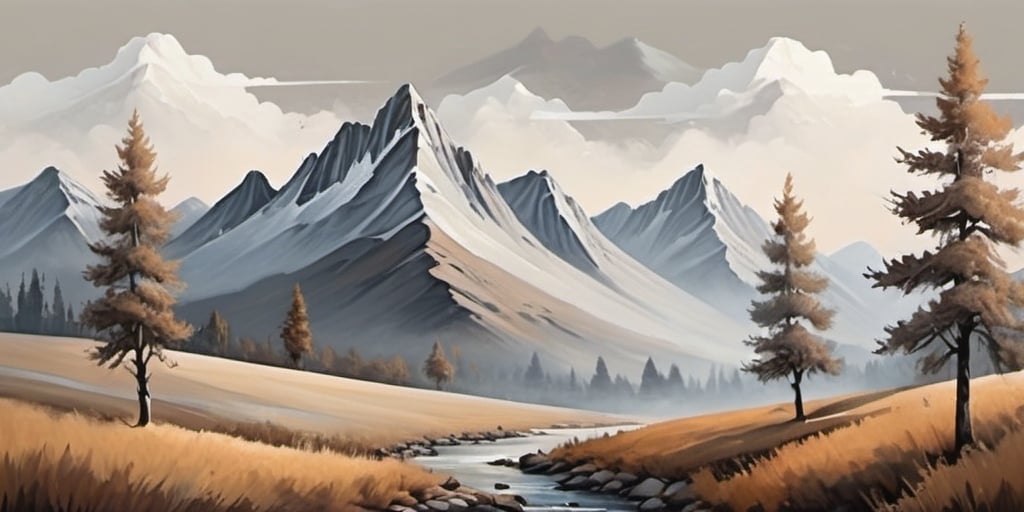 Prompt: Artistic  scenery, painting with neutral colors mountains with a few trees 