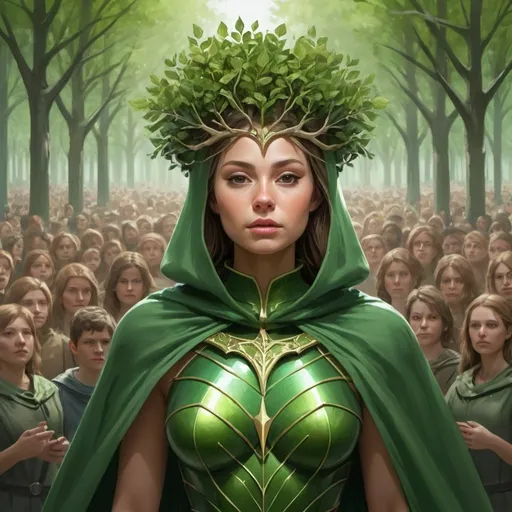 Prompt: Design of a female human forest with a green cape, green armor and small tree branches on top of her head giving a speach to a crowd 