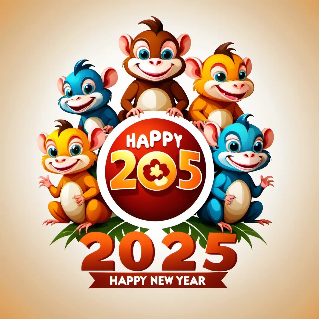 Prompt: create a logo with 3 animals dragon, mouse, monkey and the word happy new year 2025