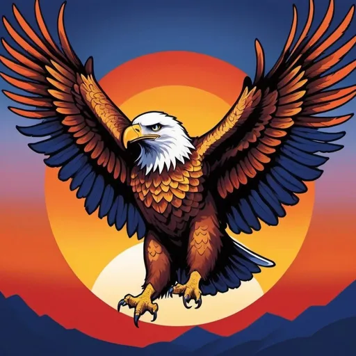 Prompt: The design features a stylized illustration of a soaring eagle, its wings spread wide, against a backdrop of a sunset sky. The colors transition from a deep, royal blue at the top to fiery oranges and yellows near the bottom, mimicking the hues of a setting sun. The eagle itself is rendered in bold, dynamic strokes, with accents of gold and crimson highlighting its feathers and fierce gaze.