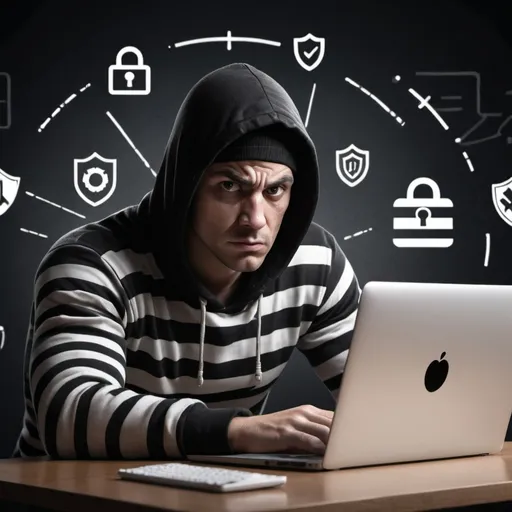 Prompt: A photorealistic image of a thief dressed in a classic black-and-white striped outfit. The thief has a frustrated expression with a furrowed brow and a few sweat drops on his forehead to emphasize his frustration. He is sitting in front of a laptop, which shows a large lock icon and a message that reads "MFA required"  The background is simple but includes a few stylized elements to indicate a cybersecurity context, such as a network or a shield icon.