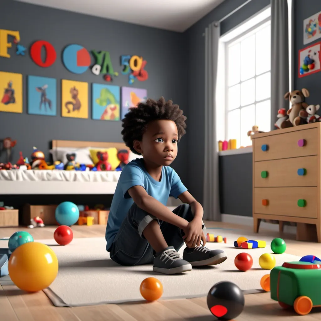 Prompt: 3d rendering of a sad black 5 year old boy sitting on his bedroom floor staring off into the distance while surrounded by toys