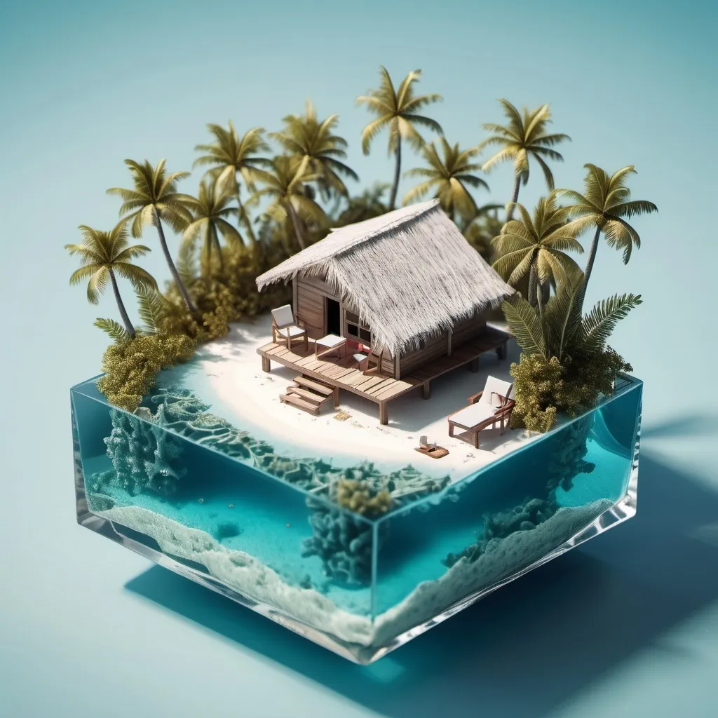 Prompt: miniature isometric world render, a hut surrounded by clear water, bahamas, on a table