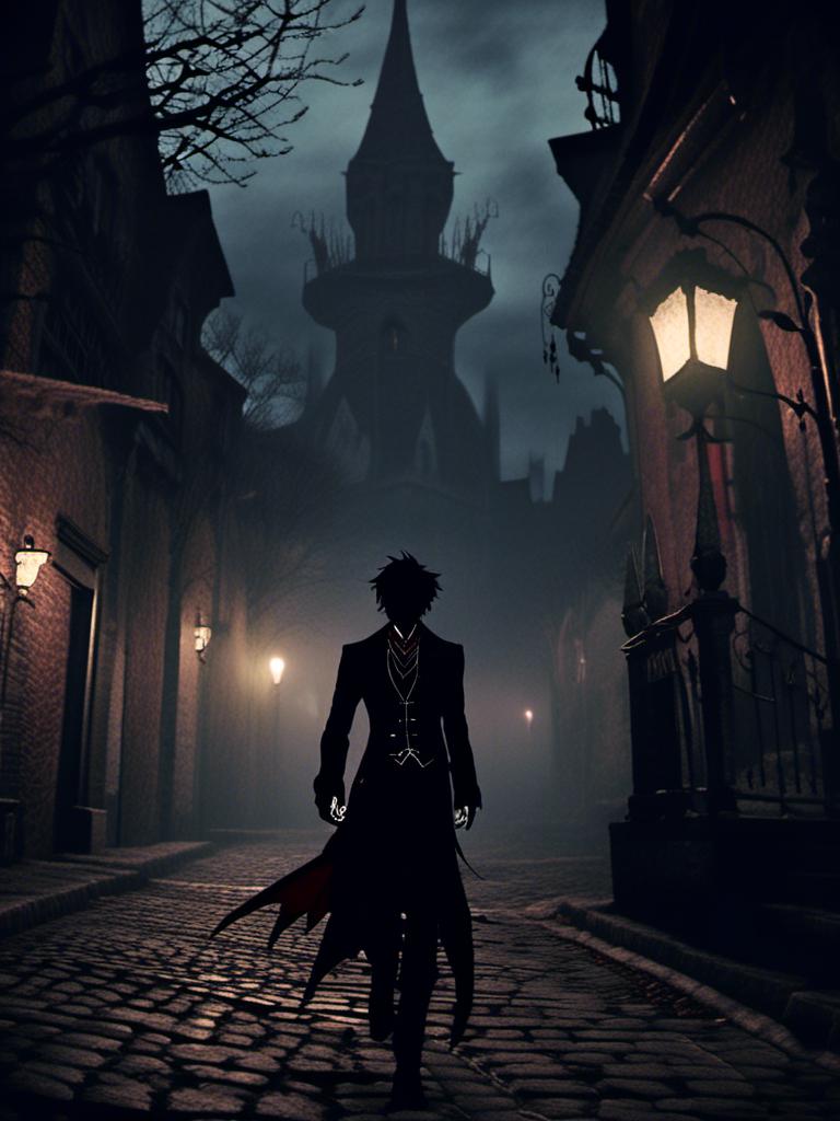 Prompt: <mymodel>(mymodel) walking through the gloomy streets of (Yharnam), hands in pockets, intricate gothic architecture in background, dim lighting, atmospheric realism, shadows creeping along cobblestone paths, chilling yet captivating ambiance, (dark color tones), (highly detailed), rich textures and eerie scene capturing the essence of horror aesthetics, ultra-detailed and immersive.