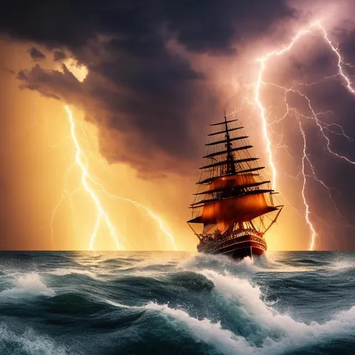Prompt: ship sailing through the round waters with the sun gleaming down, and lightning flashes with dynamic clouds
