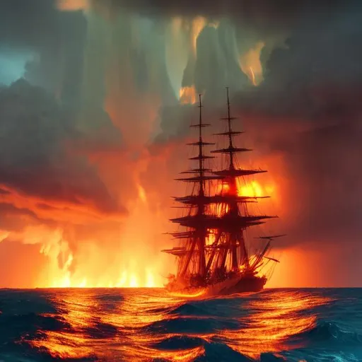 Prompt: pillars of fire streaming down from the heavens onto the battle of the ships in the ocean 