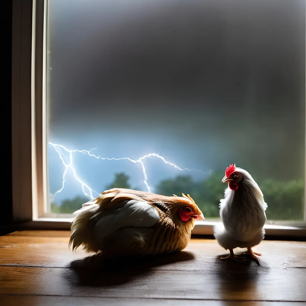 Prompt: chicken in a house with warm light
storm raging outside with lightening
