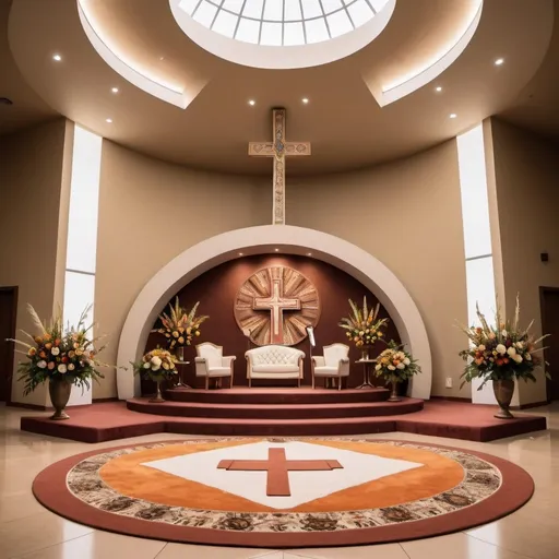 Prompt: Create an image of a modern African Pentecostal church altar in a dome-shaped building. The altar features a stylish pulpit, a sofa set for the minister and his wife, microphones on stands, floral arrangements with African native flowers, drum sets, guitars, and good art. The setting includes an empty cross, gypsum ceiling with integrated lights within the dome, tiled floor with a carpet, and soft ambient lighting.