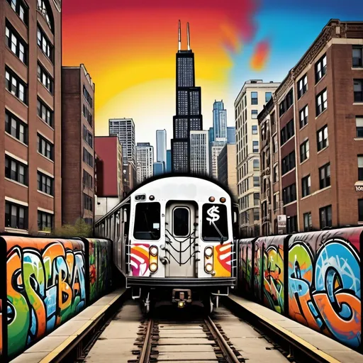 Prompt: Create a hip hop graffiti image with colorful imitates of a subway train riding through Chicago illinois downtown showing its skyline of buildings in the city