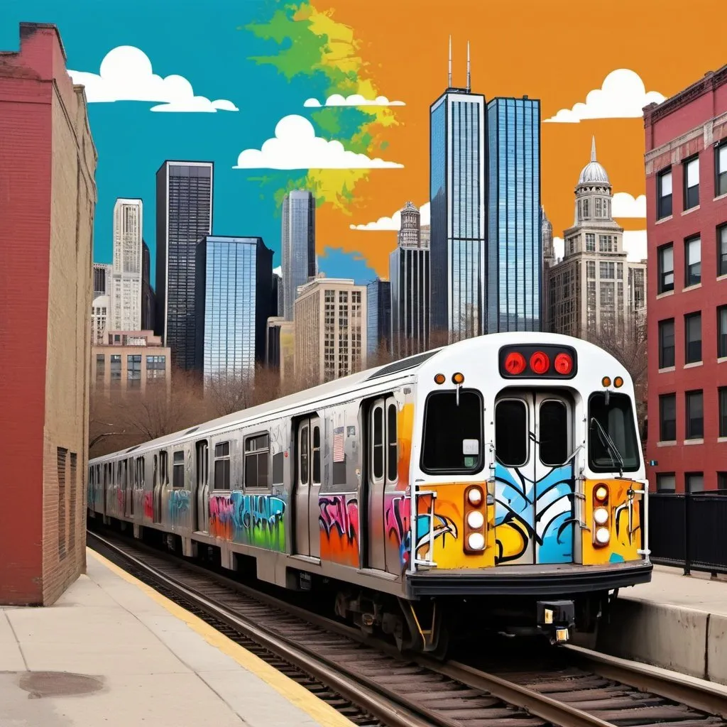 Prompt: Create a hip hop graffiti image with colorful imitates of a subway train riding through Chicago illinois downtown showing its skyline of buildings in the city