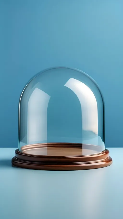 Prompt: a clear glass smooth round dome, empty inside, realistic, natural lighting, Flat Light Blue  background