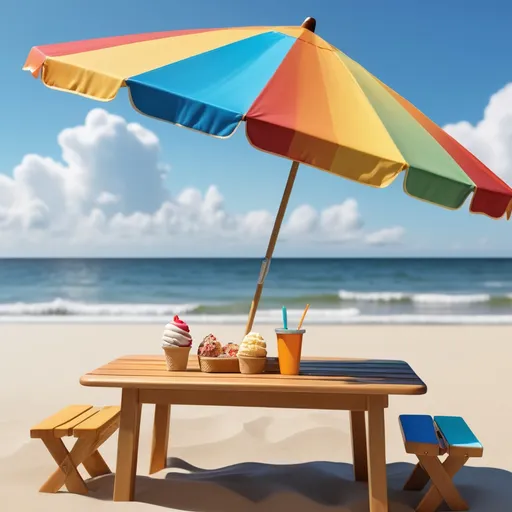 Prompt: A bright and sunny beach scene with a wooden table near the shore. On the table, there is a space reserved for a custom ice cream container that will be added later. A colorful beach umbrella provides shade, and the ocean waves gently touch the golden sand in the background. The sky is clear blue with a few fluffy white clouds. The atmosphere is warm, inviting, and perfect for enjoying a delicious artisanal ice cream by the sea. Digital painting, high detail, and realistic lighting.