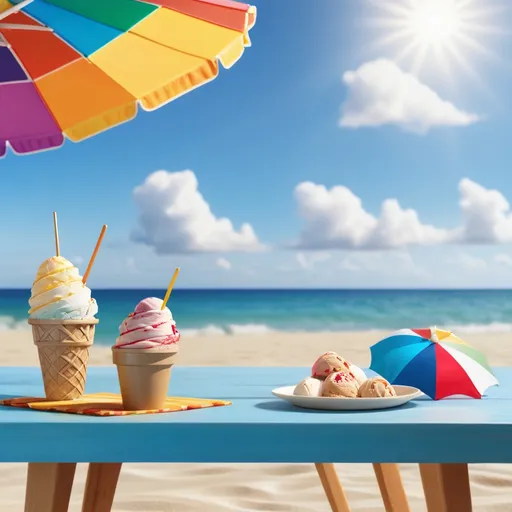 Prompt: A bright and sunny beach scene with a wooden table near the shore. On the table, there is a space reserved for a custom ice cream container that will be added later. A colorful beach umbrella provides shade, and the ocean waves gently touch the golden sand in the background. The sky is clear blue with a few fluffy white clouds. The atmosphere is warm, inviting, and perfect for enjoying a delicious artisanal ice cream by the sea. Digital painting, high detail, and realistic lighting.