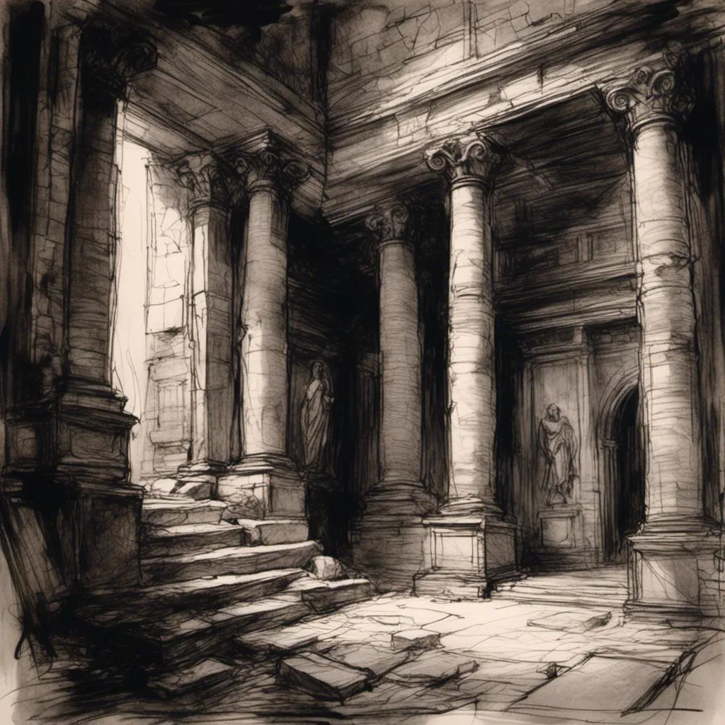 Prompt: <mymodel>(mymodel) pencil sketch, (dramtic) ruin of a Roman temple, (terrified expression), dark hallway background, shadows lurking, dim lighting, atmosphere of suspense and fear, high contrast details, intricate textures in stone and architecture, evoking emotion of dread and curiosity, ultra-detailed, captivating realism, art that draws viewers in.