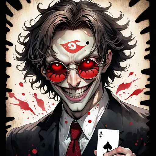 Prompt: digital watercolor painting, a masterpiece, best quality, Junji Ito manga illustration of a man, full head of hair, circular shaded glasses, evil smile, holding ace of spades card, supernatural aura, manga scene, highres, detailed, Junji Ito style, eerie lighting, supernatural aura, detailed hair, sinister smile, manga illustration, horror manga, intense shading, intricate, smile, happy, 4k, paint splatter, black and red, bold brush strokes, art nouveau