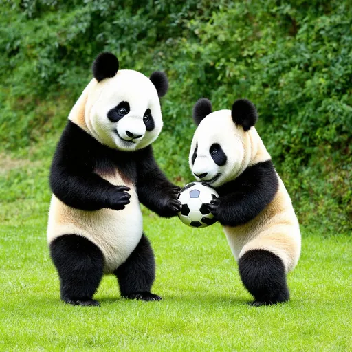 Prompt: Two pandas playing football