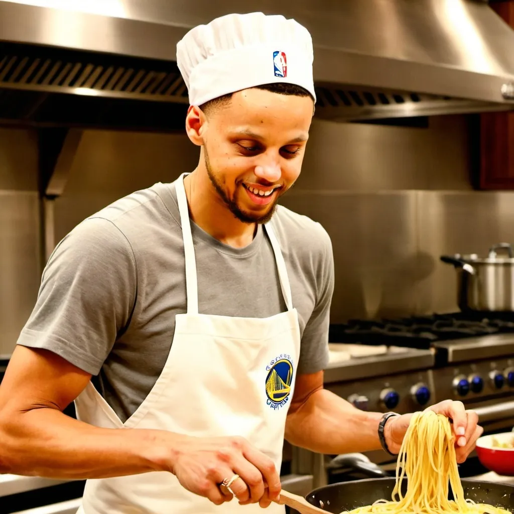 Prompt: Steph curry with a chefs hat cooking up pasta