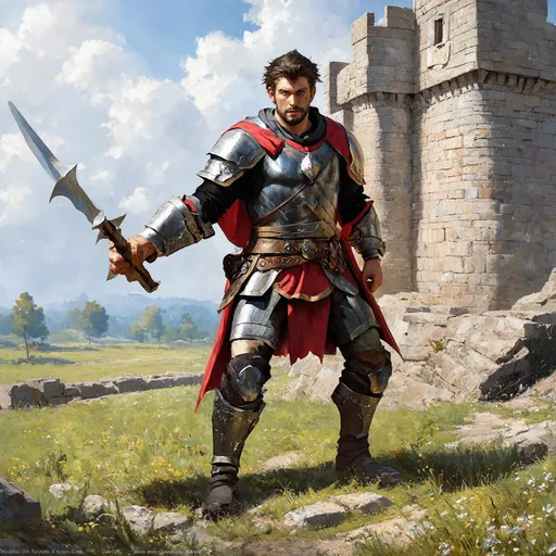 Prompt: A warrior infrount of a castle