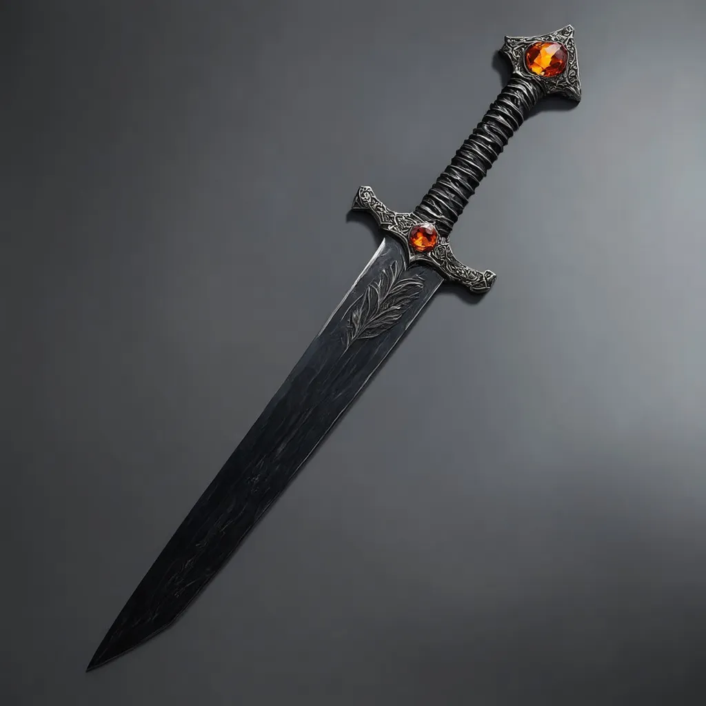 Prompt: long sword, onyx, orange gem in hilt, ashen