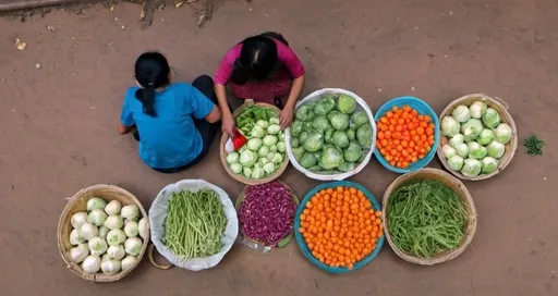 Prompt: Top view people selling vegetables in Cambodia Market