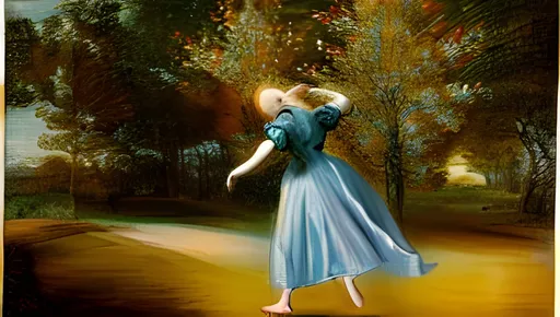 Prompt: woman dancing on a grass field with white and blue gradient dress, trees, art by ragnar persson and Rembrandt, old swedish, baroque, shadows, cinematic