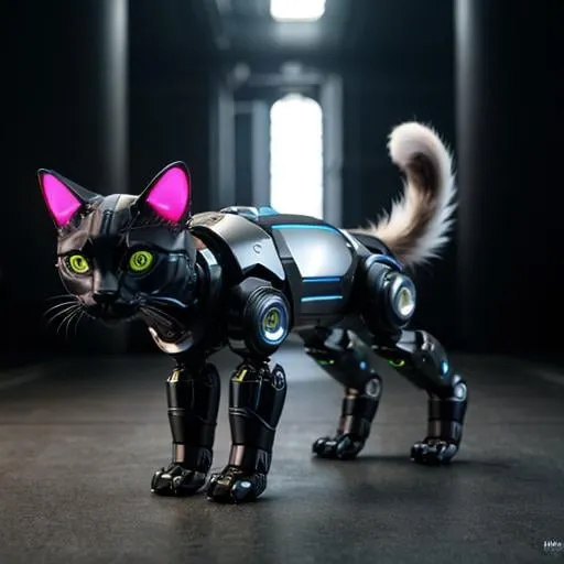 Prompt: Hyper realistic hybrid cat, robotic feets, futuristic backgorund