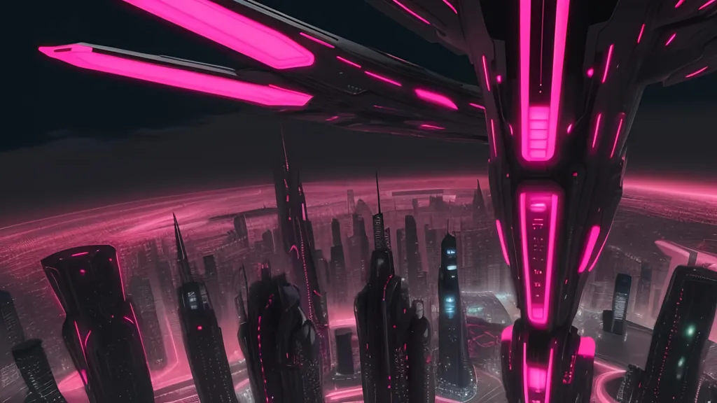 Prompt: Futuristic city, red and black and pink mood color, 