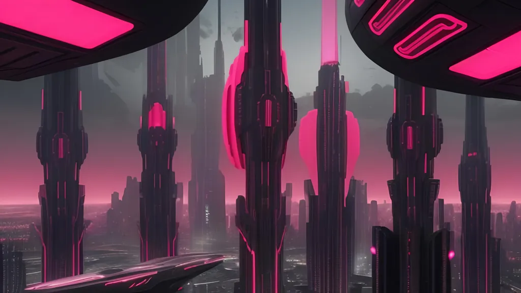 Prompt: Futuristic city, red and black and pink mood color, 