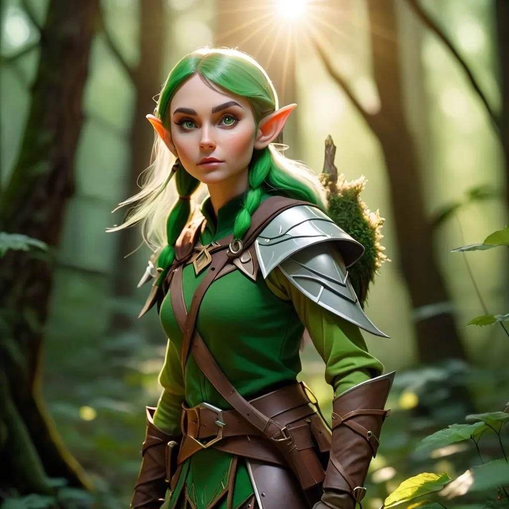 Prompt: Elf ranger in a mystical forest around sunlight