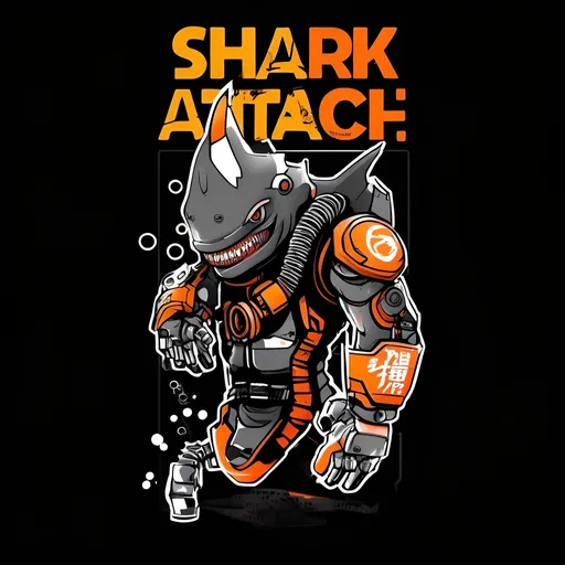 Prompt: A cyberpunk shark humanoid in detailed armor and tech gear, aggressive and dynamic pose, gas mask, mechanical arms, futuristic gadgets, black and grey with bold orange and white highlights, bold block letters with high contrast, Japanese text, urban streetwear, comic book art style, central character focus, background elements with bubbles and tech motifs, balanced asymmetry