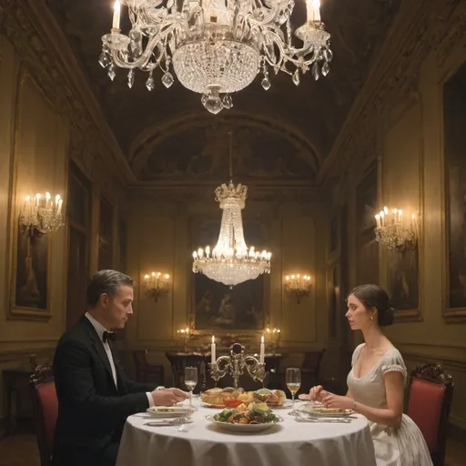 Prompt: A painting of a man and a woman sitting at a grandiose dinning room with chandelier with a table full of food having dinner 