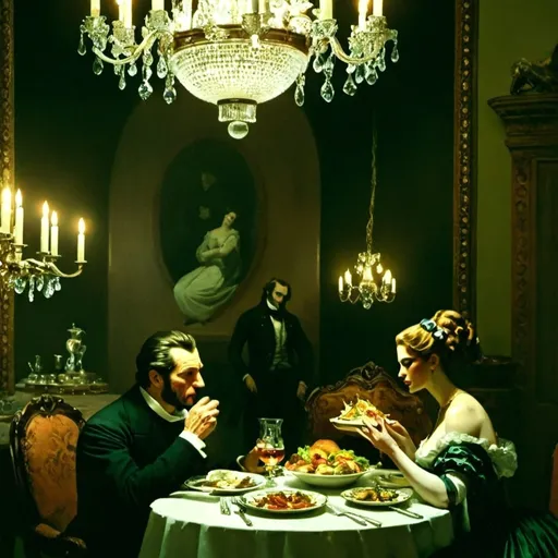 Prompt: A painting of a man and a woman sitting at a grandiose dinning room with chandelier with a table full of food having dinner 