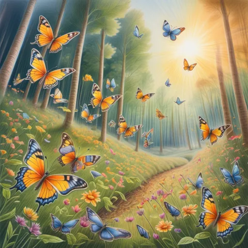 Prompt: colourful pencil picture of butterflies flying toward the sun in a forest with meadows