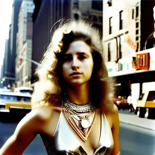 Prompt: An elegant rock star model in 1970s New York City, wearing a light shiny dress, large jewelry, high-heeled sandals, and bright makeup